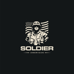 Soldier vector silhouette troop, military person design soldier in war against american flag background