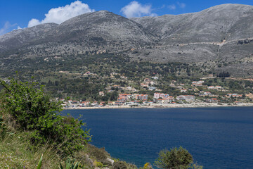 Fototapeta na wymiar View of the sea, mountains and seaside town (Kefalonia Island, Greece) from a height