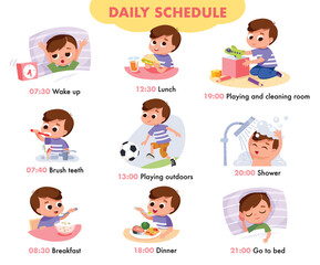Kid accomplishes his tasks: wakes up, brushes teeth, has breakfast, plays outdoors, plays at home, goes to bed, takes shower. Boy establishing a successful daily routine.