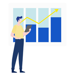 Business concept. Man analyzes  sales growth graphs and charts, marketing research and work with information.Vector illustration.