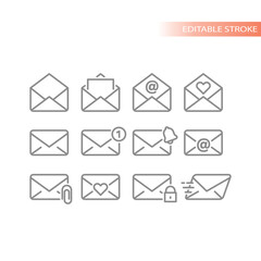 Mail, envelope open and closed line vector icon set. Letter with at, notification and love letters outline icons.