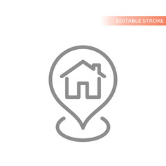 House, home and location pin line vector icon. Residential address outline symbol.