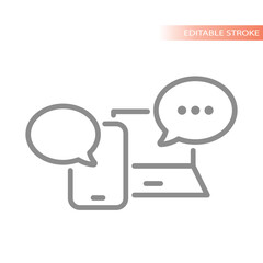 Online chatting, laptop and phone chat bubble. Line vector icon.