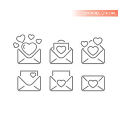 Love letters and heart line vector icon set. Dating and romance envelope letter hearts, open and closed, valentine card outline icons.