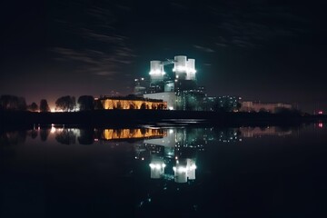 Fototapeta premium Nuclear power plant on coast of lake night photo Generative AI