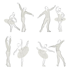 Collection. Silhouette of a ballet actor. The woman and the man have beautiful slender figures. Girl ballerina and boyfriend dancer. Vector illustration set.