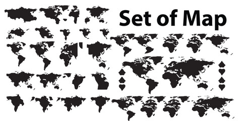 A set of silhouette world map vector illustrations.
