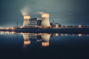 Nuclear power plant on coast of lake night photo Generative AI