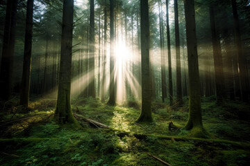 Sunlight and god rays passing through a dense forest. Generative Ai Illustration.
