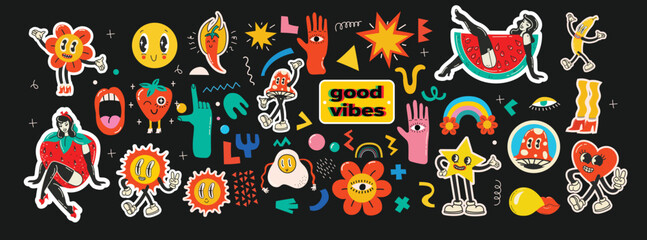 Groovy hippie love sticker character. Comic happy mushroom, hot dog and cloud character with wings in trendy retro 60s 70s cartoon style. Vintage isolated vector illustration.