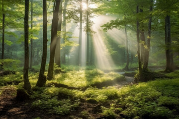 Fototapeta na wymiar Sunlight and god rays passing through a dense forest. Generative Ai Illustration.