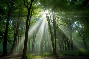 Sunlight and god rays passing through a dense forest. Generative Ai Illustration.