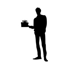 Vector illustration. Silhouette of a man with a gift in his hands. Minimalism.