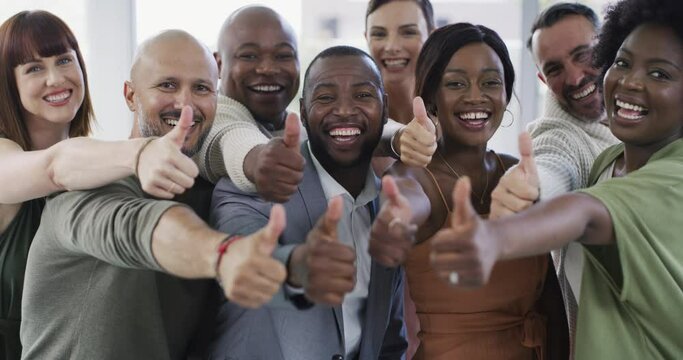 Business people, group and thumbs up portrait in an office for support, win and corporate success. Diversity men and women team together with hand sign or emoji for thank you, teamwork and motivation