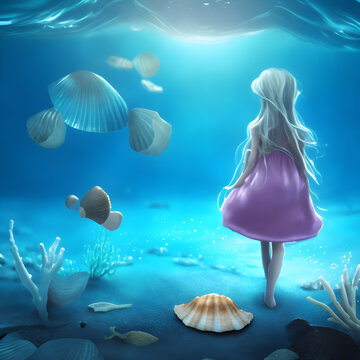 Underwater scene with girl and seashells, 3d render. little girl walking under the sea.