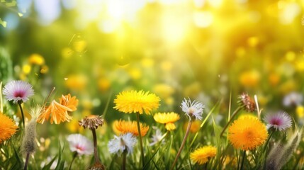 Fototapeta na wymiar Beautiful colorful summer spring natural flower background in the form of a banner. Wildflowers and yellow dandelions on a bright sunny day with beautiful boke