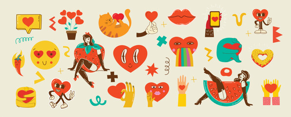 Groovy hippie love sticker set. Retro happy Valentines day. Comic happy heart character in trendy retro 60s 70s cartoon style. Retro characters and elements.