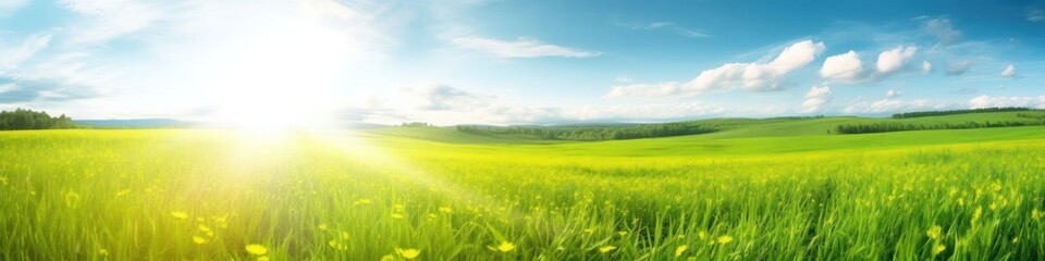 Fototapeta na wymiar Beautiful panoramic natural landscape of a green field with grass against a blue sky with sun. Spring summer blurred background