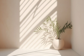 Minimalistic abstract light beige background with  gentle with light and shadow from the window and vegetation or little tree or bonsai on the wall