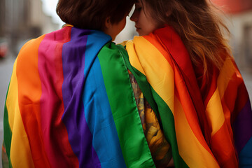 Fototapeta premium Rear view of a gay woman wearing a gay pride rainbow flag. Generative ai