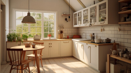 Stylish kitchen interior with morning light in large window. Cozy scandi style kitchen background. Created with Generative AI