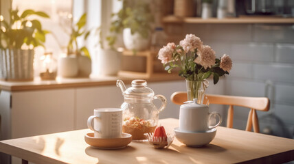 Fototapeta na wymiar Kitchen wooden table top with breakfast at morning time. Scandinavian style vintage kitchen interior. Created with Generative AI