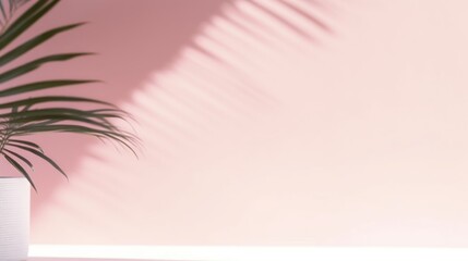 Blurred shadow from palm leaves on the pink wall. Minimal abstract background for product presentation. Spring and summer
