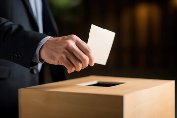 Fototapeta premium Male voter hand putting bulletin in ballot box. Elections and voting concept. Created with Generative AI