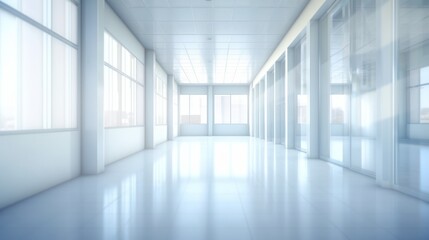Light blurred background. The hall of an office or medical institution with panoramic windows and a perspective