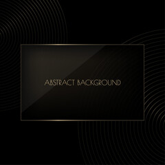 Vector abstract black premium background with golden rectangle frame. Modern luxurious elegant backdrop in dark color and glass effect for exclusive posters, banners, invitations, business cards.
