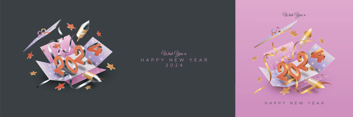 Happy new year 2024. 2024 new year celebration template with 3D number, ribbon, firework rocket and open gift box. Luxury design of 2024 new year
