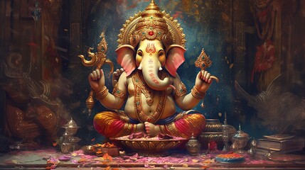 Illustration of Ganesha for Ganesha Chaturthi and Diwali, Generative Ai - obrazy, fototapety, plakaty