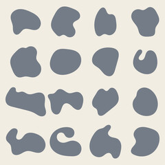 Random organic shapes, abstract drops, blotch, inkblot. Vector set of liquid, fluid smooth form. Pebble and stone silhouettes. Collection of specks or spot of various irregular shapes.