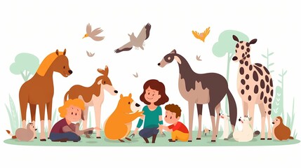 Children playing with friendly animals. Made by AI Generative 