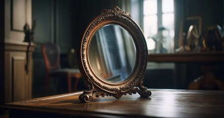 Vintage mirror on the table. Generative Ai - obrazy, fototapety, plakaty