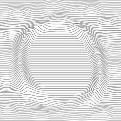 Distorted wave monochrome texture. Abstract dynamical rippled surface. Vector stripe deformation background. Mesh, grid pattern of lines. Black and white illustration.