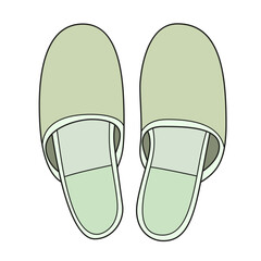 Vector icon of green house slippers. Pair of shoes on white background hand drawn in cartoon style.