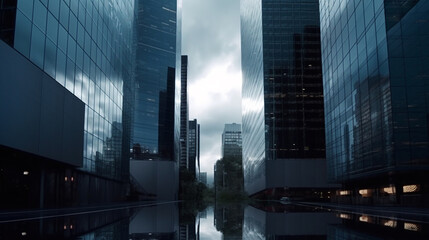 Fototapeta na wymiar Reflective skyscrapers, business office buildings. Generative Ai