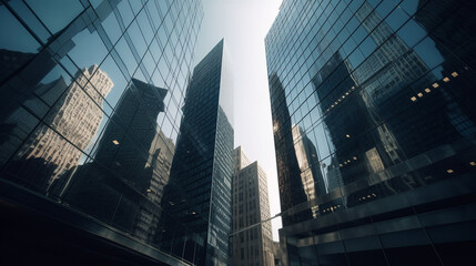 Fototapeta na wymiar Reflective skyscrapers, business office buildings. Generative Ai