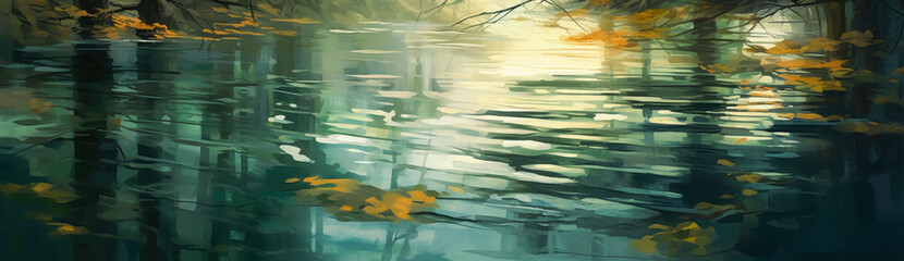 Reflection in the lake water with blurred tree leaves. Generative Ai Illustration.