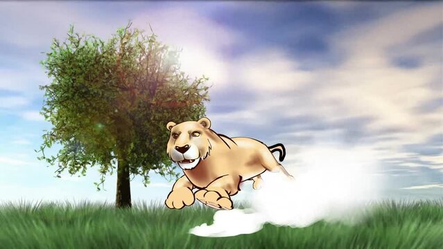 lion running 3d animation, cartoon animated lion, lion hunting