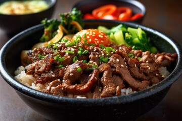 Fototapeta premium Bulgogi rice bowl is a gui made of thin marinated slice Food photography