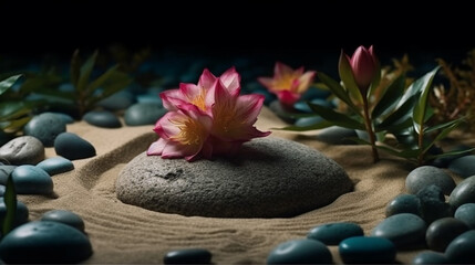 Spa scene with Massage Stones, Flowers. Generative Ai