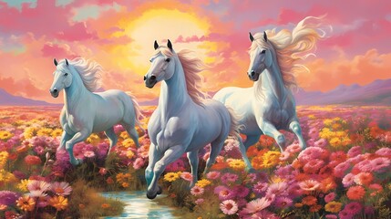 A group of graceful unicorns galloping across a vibrant meadow filled with blooming wildflowers and sparkling streams. Made using generative AI.