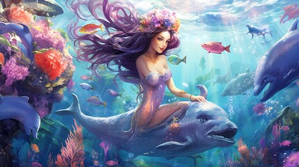 An underwater scene with a magnificent mermaid swimming alongside playful dolphins, surrounded by colorful coral reefs and shimmering schools of fish. Made using generative AI.