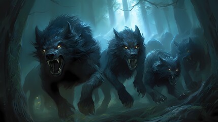 A group of ferocious werewolves prowling through a moonlit haunted forest, their eyes glowing with an eerie intensity. Made using generative AI.