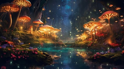 Naklejka na ściany i meble A whimsical scene with mischievous fairies dancing in a moonlit glade, surrounded by bioluminescent mushrooms and enchanting fireflies. Made using generative AI.