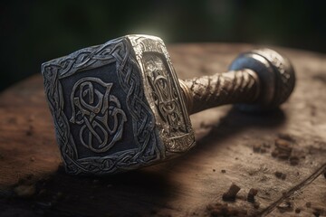 Norse myth hammer Mjolnir of Thor. Generative AI - obrazy, fototapety, plakaty