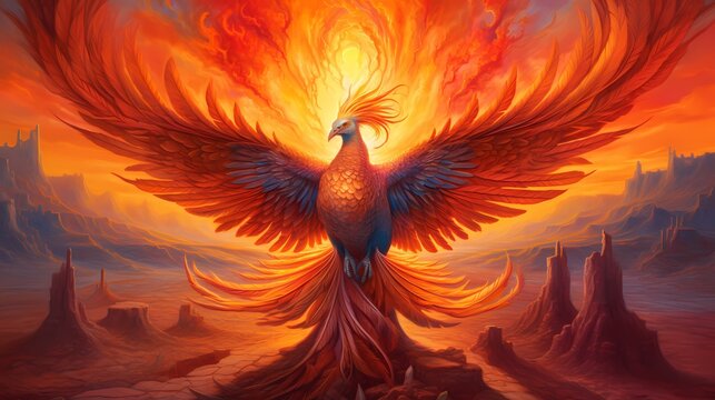 A majestic phoenix rising from the ashes in a barren desert, with vibrant hues of orange and gold illuminating the sky. Made using generative AI.
