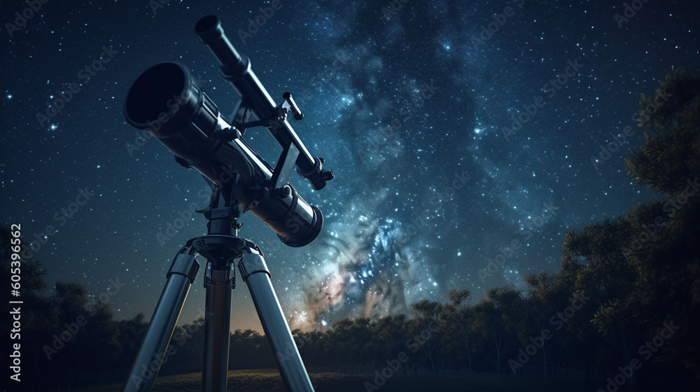 Wall mural telescope in the starry background. generative ai